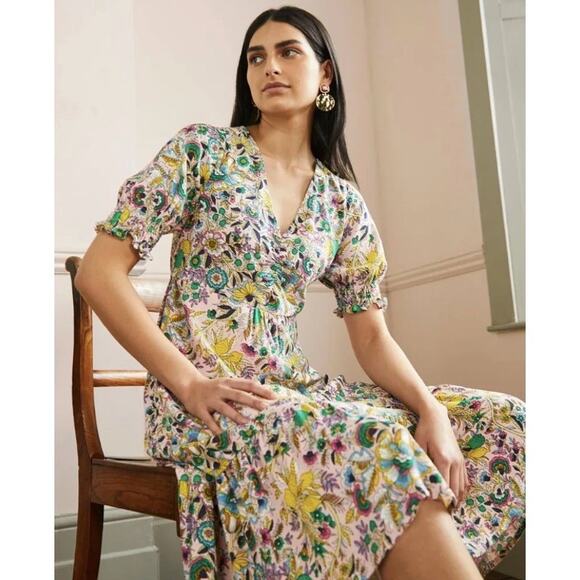 Boden Floral Midi Dress Pink Multicolor Puff Sleeve V-Neck Size 4 - Picture 1 of 5